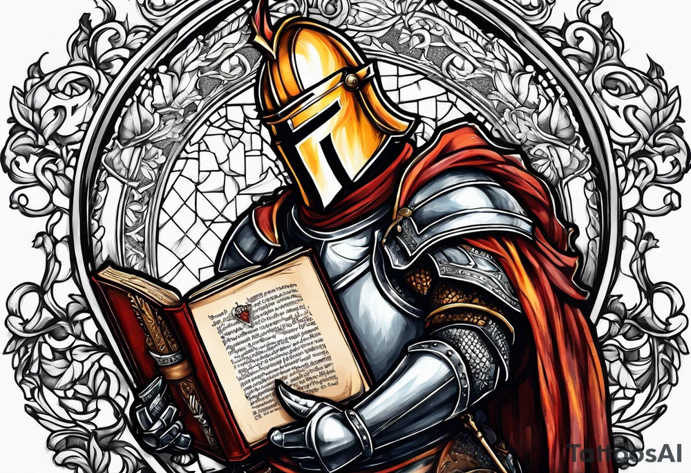 knight holding a bible over his head tattoo idea