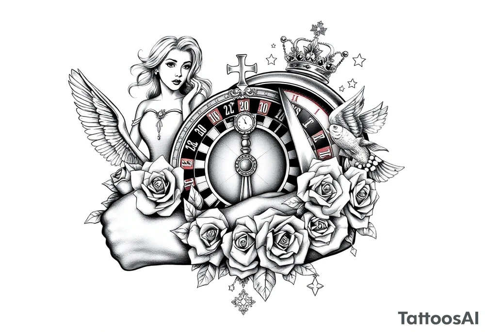 Roulette casino and princess and cross, baby angels, roses and clock and stars and fish, crown tattoo idea