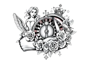 Roulette casino and princess and cross, baby angels, roses and clock and stars and fish, crown tattoo idea