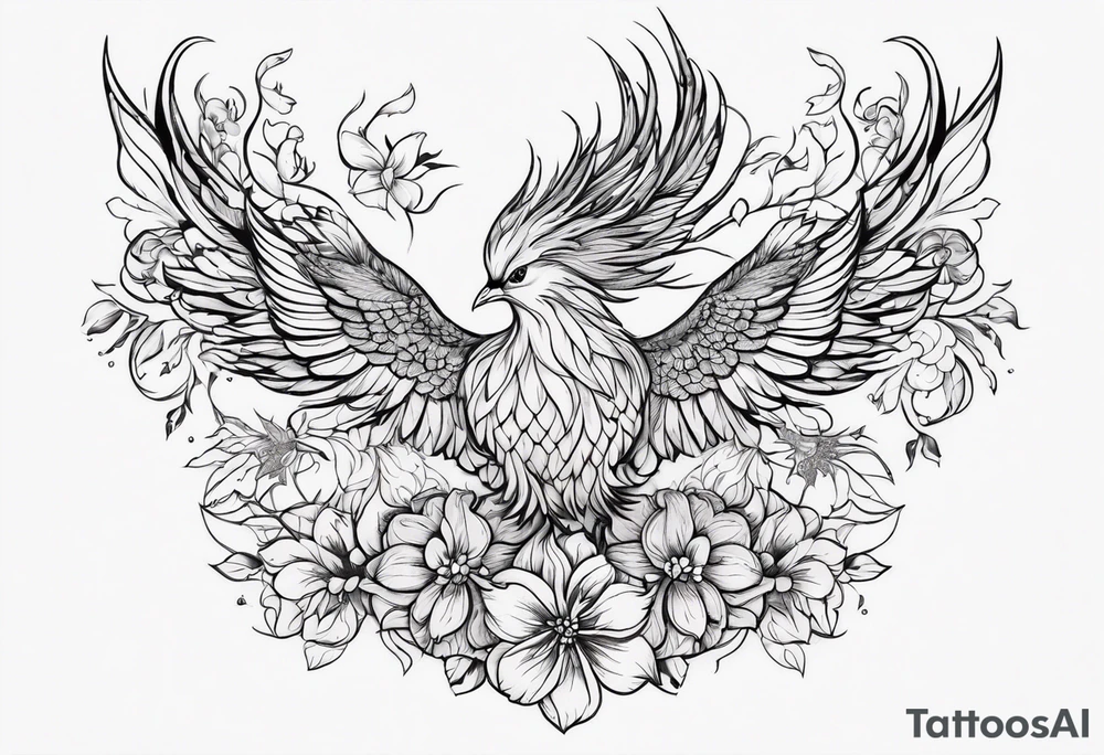 Phoenix with flowers but feminine not too realistic tattoo idea