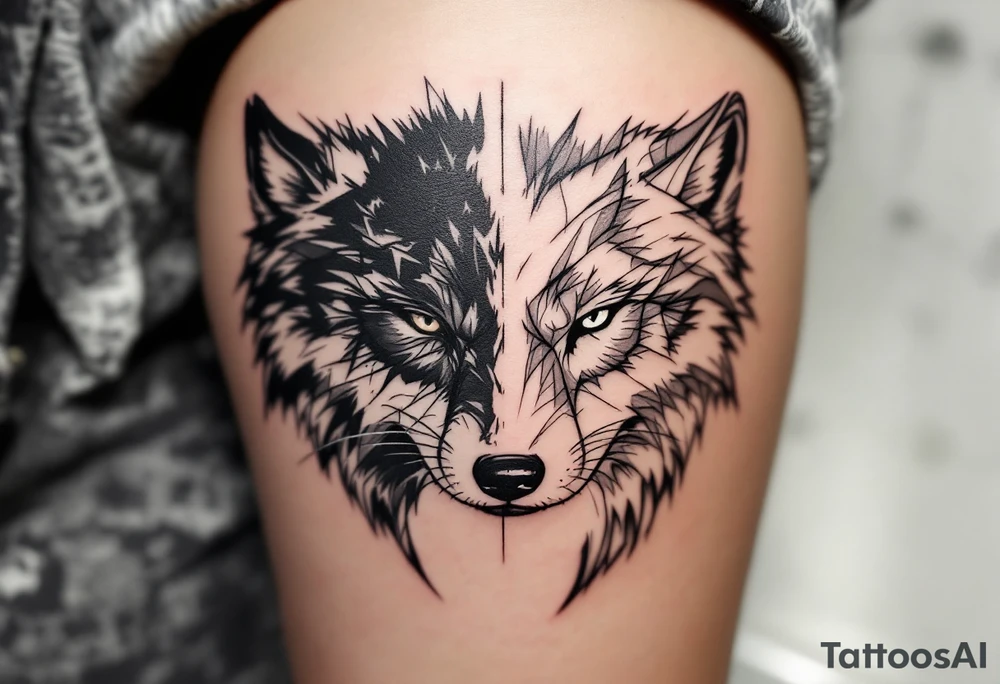 Side by side black wolf face and white wolf face tattoo idea Side by side black wolf face and white wolf face tattoo idea