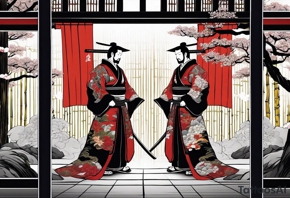 Irezumi style samurai in front of shinto shrine in bamboo grove tattoo idea