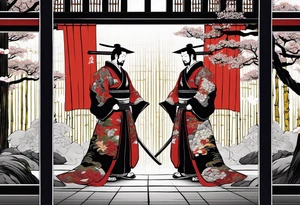 Irezumi style samurai in front of shinto shrine in bamboo grove tattoo idea