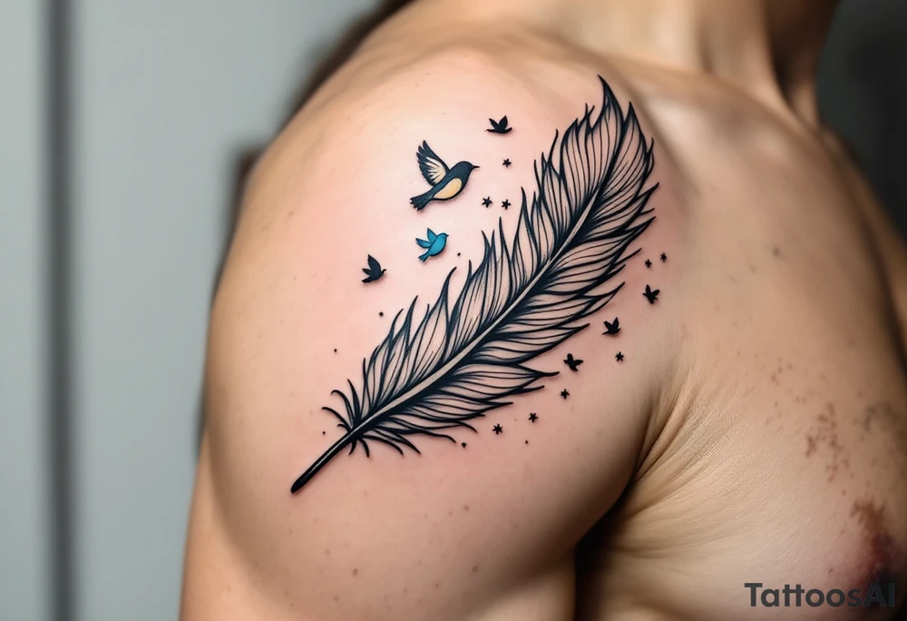 A black ink feather turning into birds, with one bird in light blue representing the son’s spirit. tattoo idea