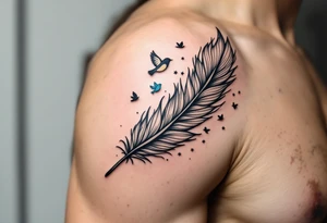 A black ink feather turning into birds, with one bird in light blue representing the son’s spirit. tattoo idea