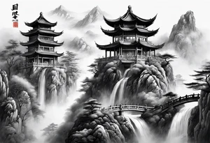 forearm sleeve traditional chinese art painting Chinese temple two old philosophers wearing robes and drinking tea mountains mist fog waterfall tattoo idea