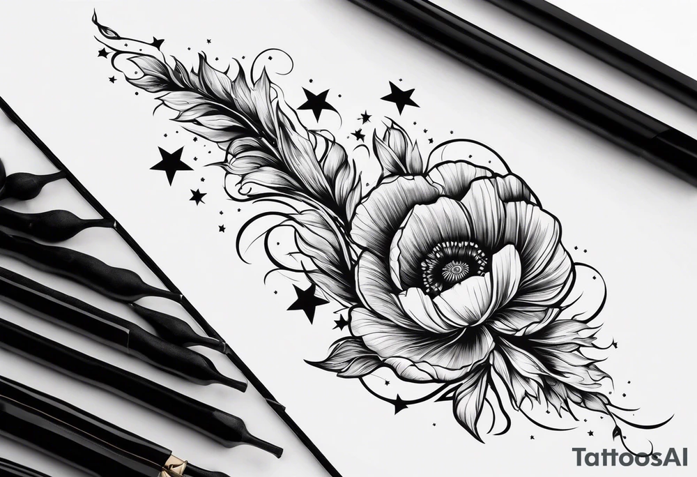 spine tattoo, poppy, stars, moon, cloud, vertical, simple, fine line tattoo idea