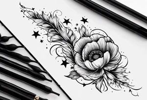 spine tattoo, poppy, stars, moon, cloud, vertical, simple, fine line tattoo idea
