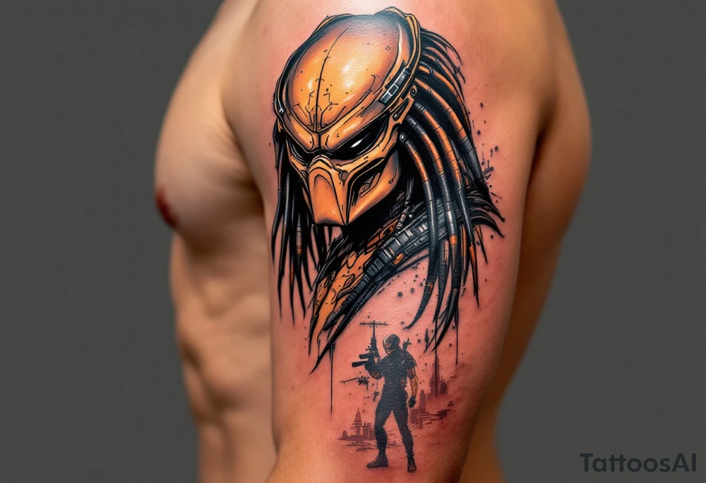 City Hunter Predator – The sleek and agile hunter from Predator 2 (1990), with tanned, speckled orange and brown skin, darker, more streamlined armor, and an elongated bio-mask with more advanced targeting technology. tattoo idea