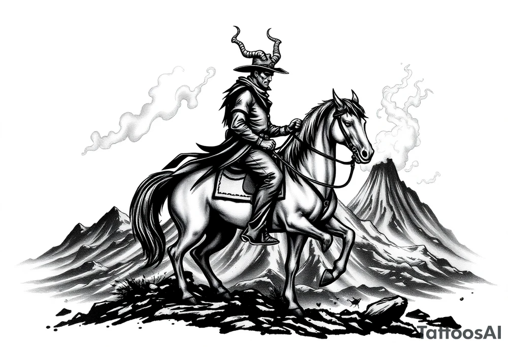 Silhouette of a demon cowboy on a horse, against a volcanic eruption. tattoo idea