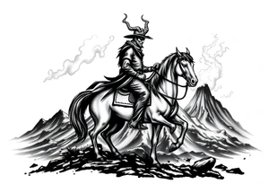 Silhouette of a demon cowboy on a horse, against a volcanic eruption. tattoo idea