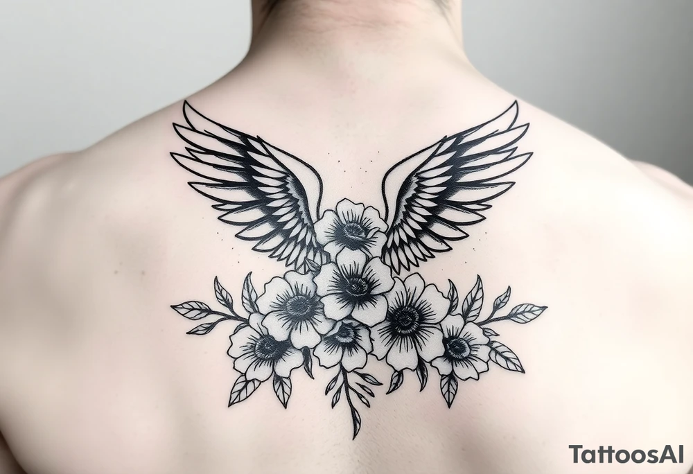 angel wing mental health warrior flowers tattoo idea