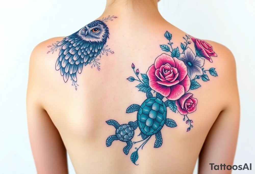 Full back owl on left shoulder flowers on right 3 turtles down spine use multiple rose and vine overlay to fill the empty areas tattoo idea