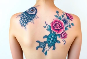 Full back owl on left shoulder flowers on right 3 turtles down spine use multiple rose and vine overlay to fill the empty areas tattoo idea