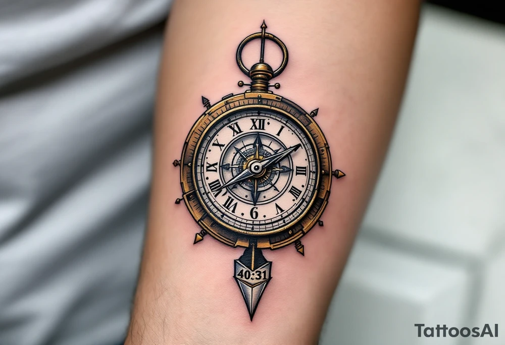 steampunk half compass half clock with a full length arrow pointing at my wrist and saying "Isaiah 40:31" tattoo idea
