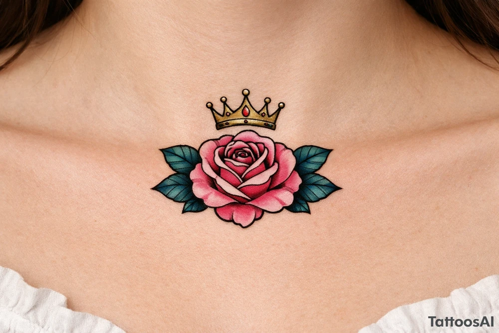 Pink rose , petrol leaves no stem, minimalist crown above it tattoo idea