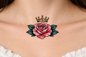Pink rose , petrol leaves no stem, minimalist crown above it tattoo idea