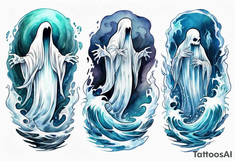a transparent ghost rising from the waves of the sea tattoo idea