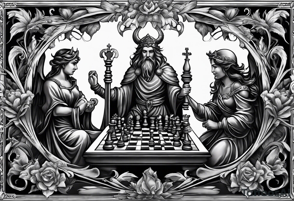 a chessboard with angelic and demonic chess pieces engaged in a strategic game, symbolizing the eternal battle between opposing forces. tattoo idea