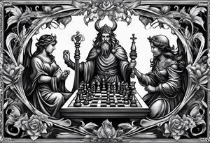 a chessboard with angelic and demonic chess pieces engaged in a strategic game, symbolizing the eternal battle between opposing forces. tattoo idea