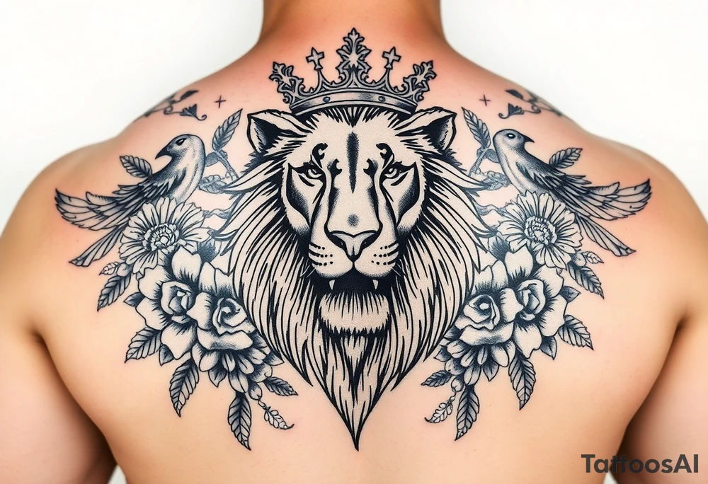 powerful majestic lion with a crown, surrounded by floral ornaments and birds tattoo idea