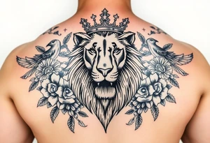 powerful majestic lion with a crown, surrounded by floral ornaments and birds tattoo idea