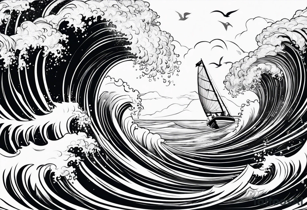 Poseidon im Meer mit Windsurfer und Wellen im Hintergrund tattoo idea