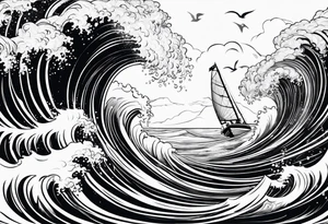 Poseidon im Meer mit Windsurfer und Wellen im Hintergrund tattoo idea