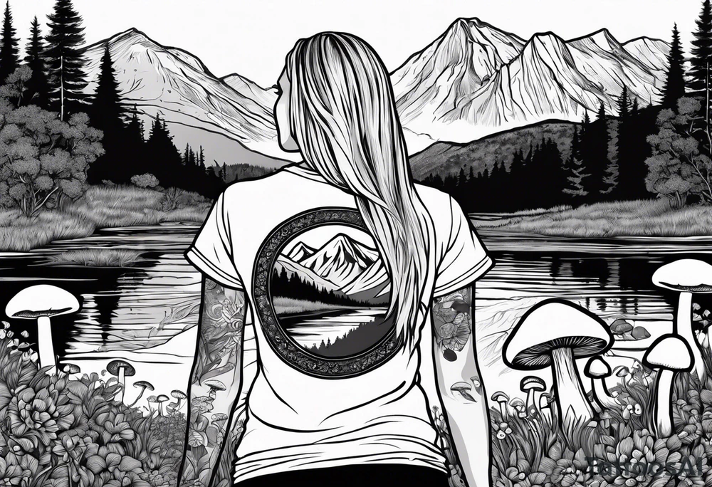 Whole picture encircled fully

Straight long blonde hair hippie girl in distance holding mushrooms in hand facing away toward mountains and creek surrounded by mushrooms tee shirt and hiking pants; whole rendering within a full circle, no cut off circle tattoo idea