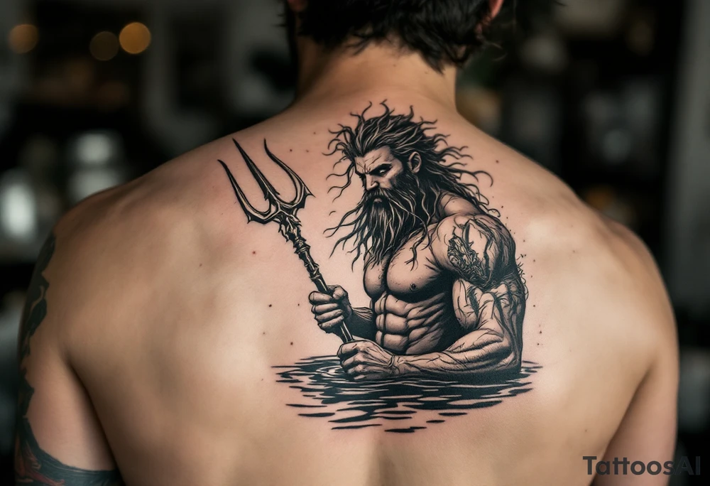 fit poseidon, with a trident, in calm water, holding a beer tattoo idea