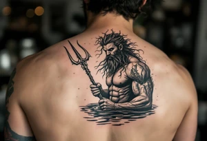 fit poseidon, with a trident, in calm water, holding a beer tattoo idea