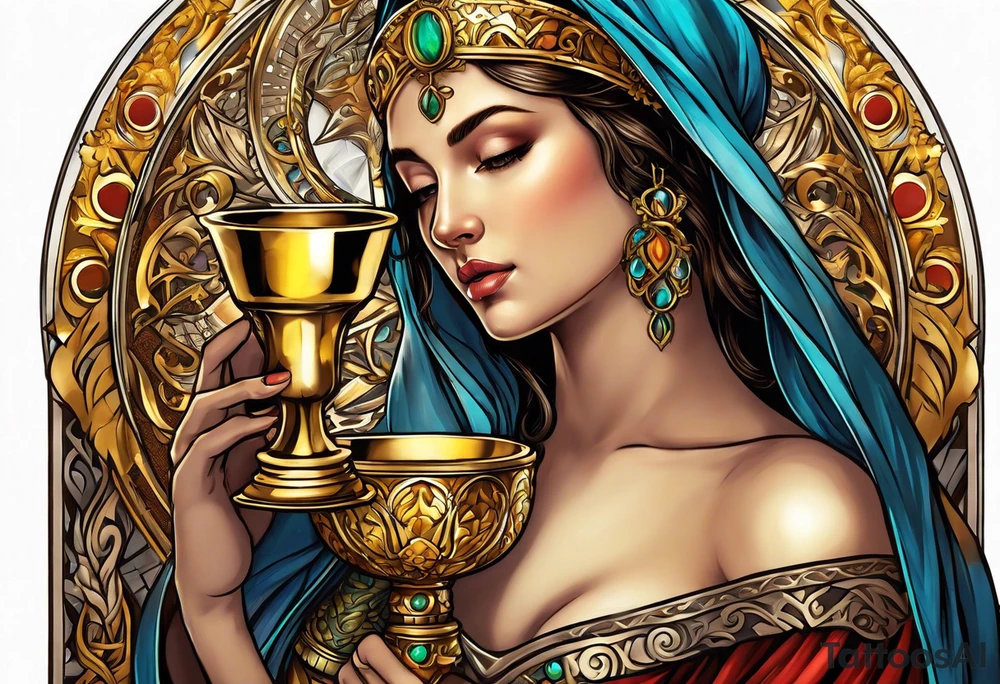 woman saint holding chalice surrounded by golden halo sideways tattoo idea