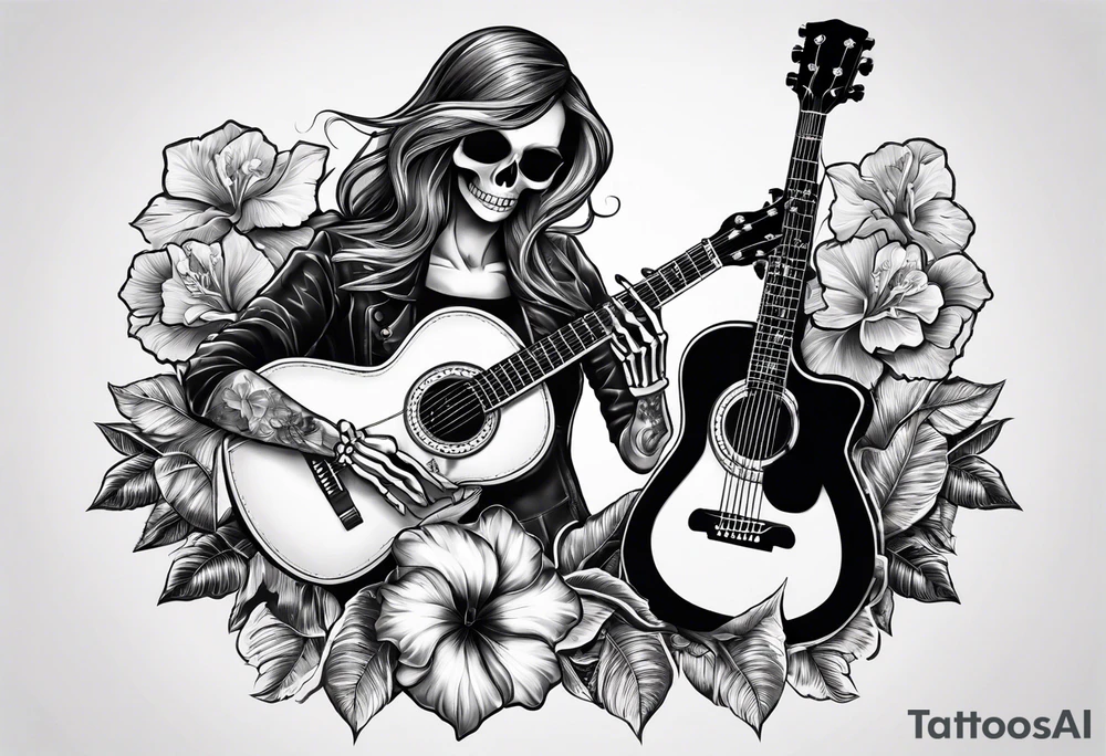 a male and a female skeleton. The male skeleton is playing the guitar. The female skeleton has a hibiscus flower. tattoo idea