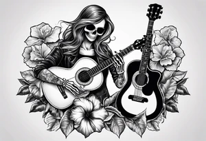 a male and a female skeleton. The male skeleton is playing the guitar. The female skeleton has a hibiscus flower. tattoo idea