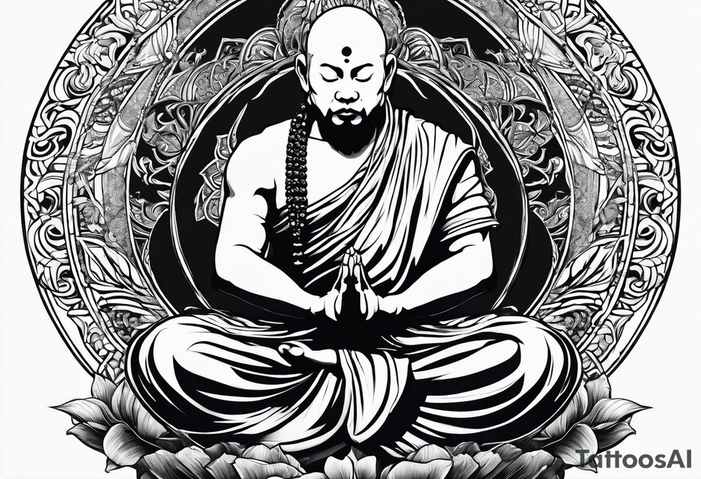 Monk head facing down seriously meditating while doing namaste hand full body tattoo idea