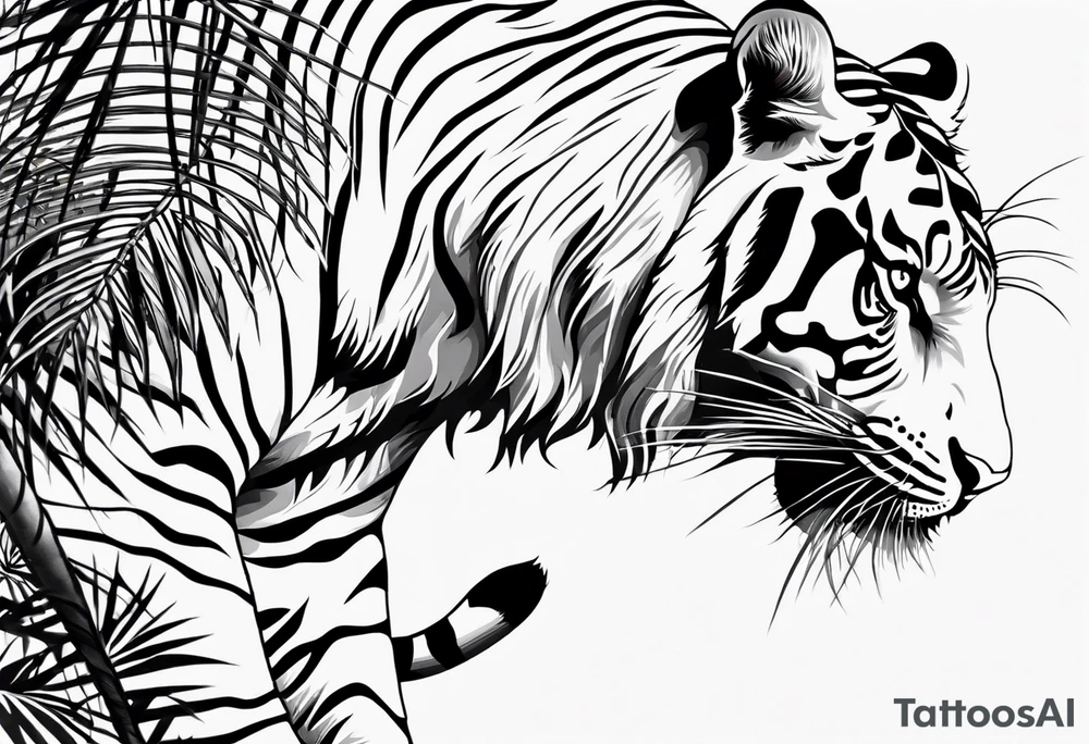 full tiger body climbing palm tree tattoo idea