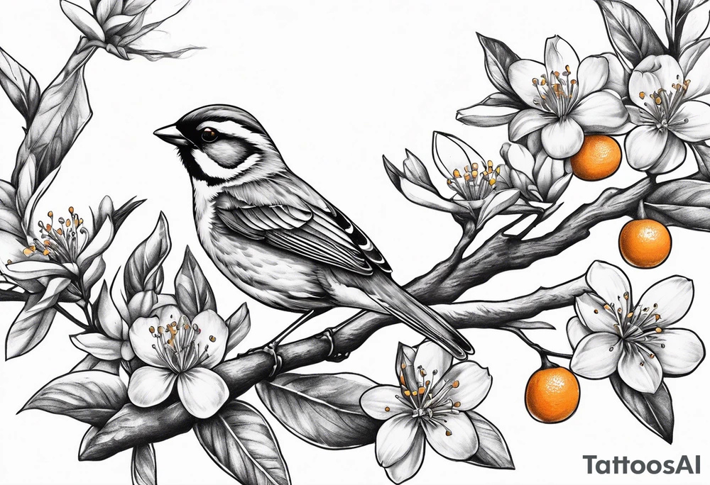 sparrow flying off of branch with orange blossoms tattoo idea