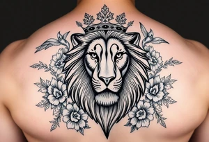 powerful majestic lion with a crown, surrounded by floral ornaments and birds tattoo idea