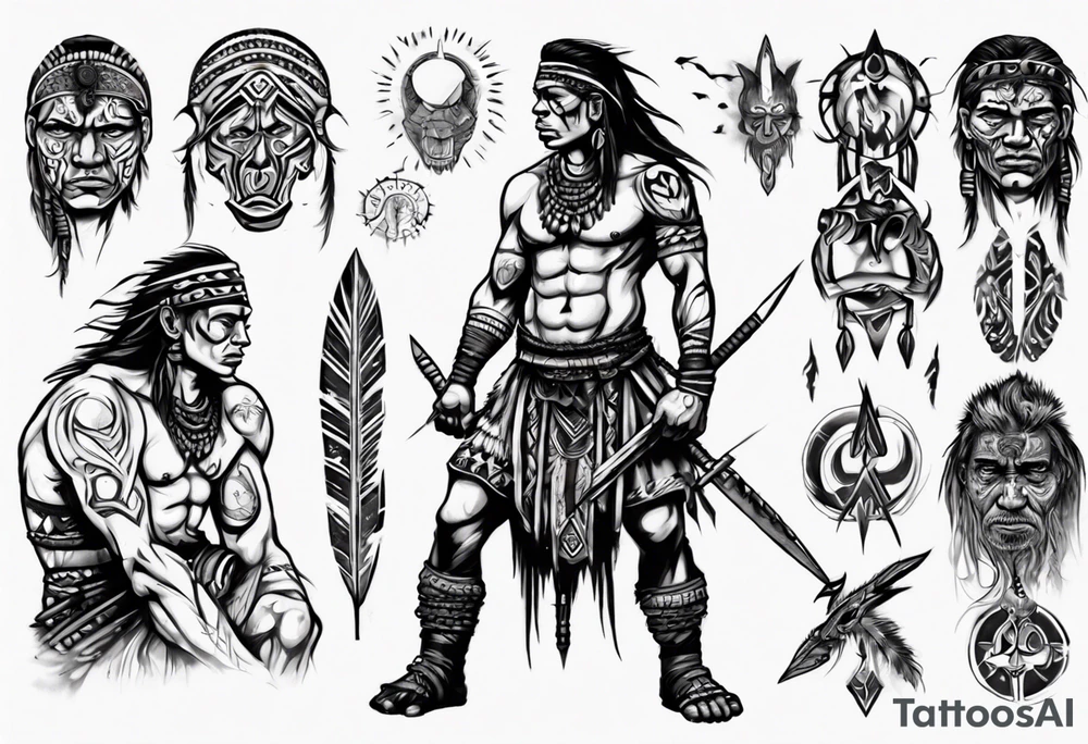 a heartbroken, tired, tribal warrior seeking peace after fighting for decades under the moonlight dark aesthetic tattoo idea