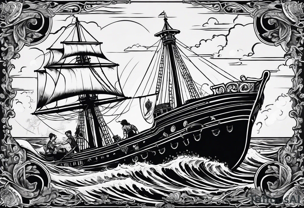 A sale ship sinking with two mermaids, either side, one which is trying to save the boat and one which is trying to help sink it tattoo idea
