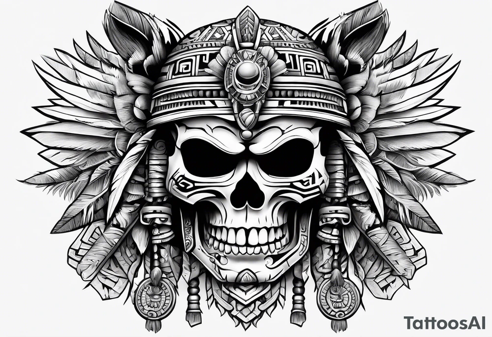 Aztec warrior skull with aztec symbols and weapons and tiger tattoo idea