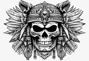 Aztec warrior skull with aztec symbols and weapons and tiger tattoo idea