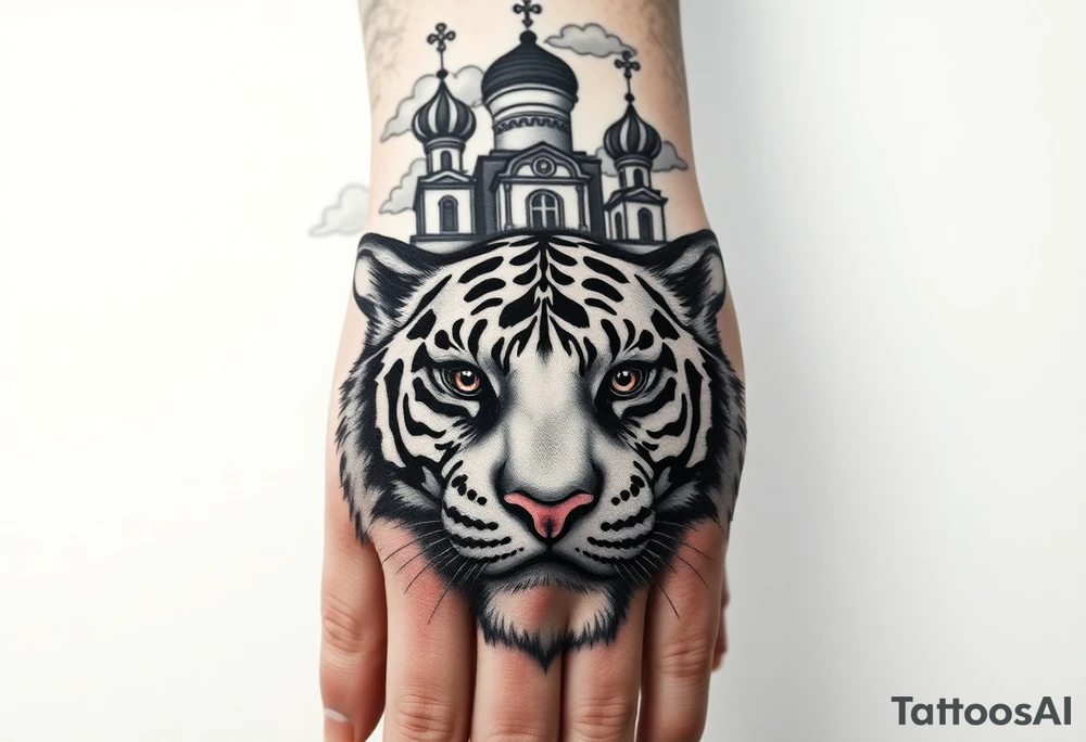 Realistic tiger face on the back of the hand with its eyes ALL black and no pupils, sitting beneath a Russian Orthodox cathedral sitting above on the top fore arm with onion domes and orthodox crosses. with clouds above and a virgin mary tattoo idea