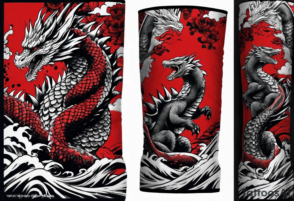 godzilla inspired dragon irezumi arm sleeve in black and red with water and lightning tattoo idea