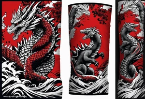godzilla inspired dragon irezumi arm sleeve in black and red with water and lightning tattoo idea
