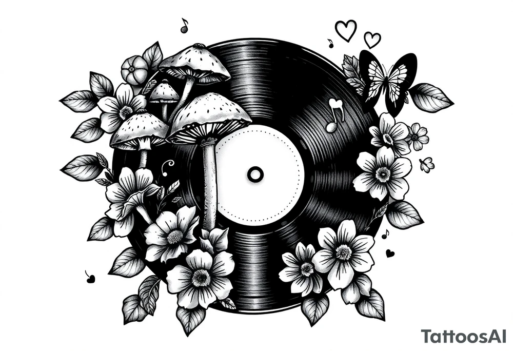 vinyl record with mushrooms, flowers, hearts, and music notes tattoo idea