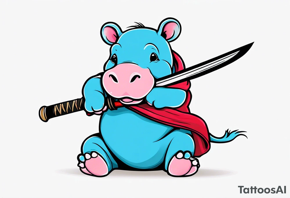 Baby hippo in a swaddle holding a katana tattoo idea