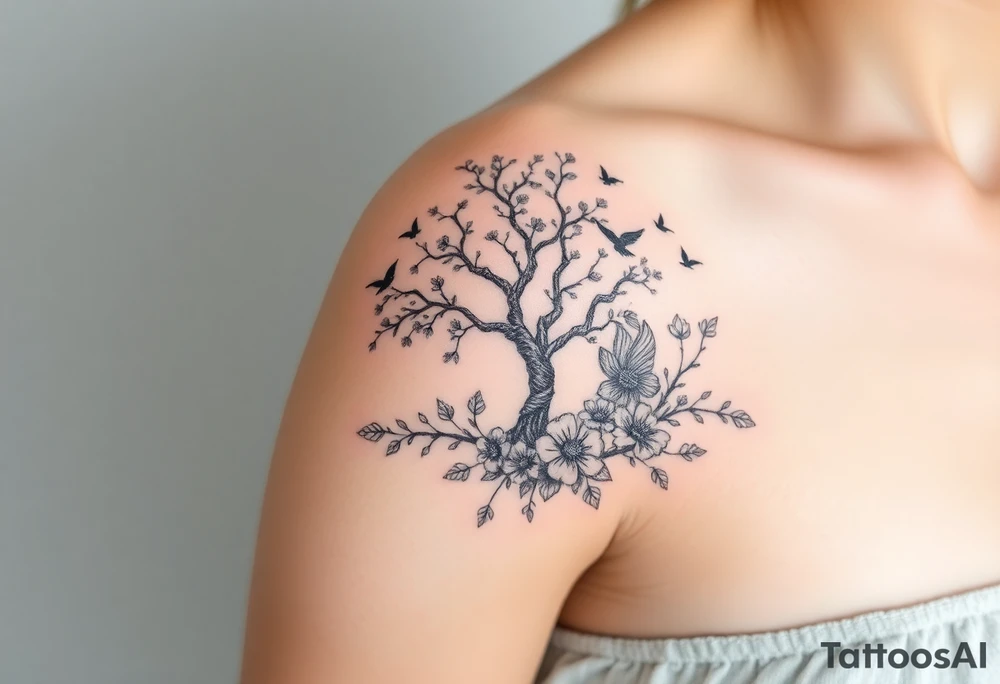 Angelic scene with tree, birds and flowers tattoo idea