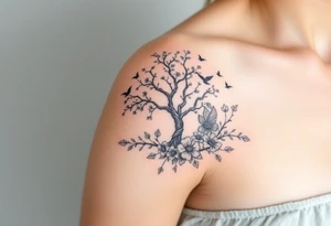 Angelic scene with tree, birds and flowers tattoo idea