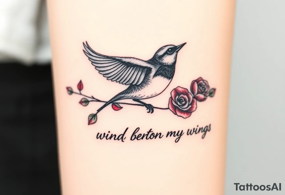 Soaring robin with trail of red rose petals with writing saying wind beneath my wings tattoo idea